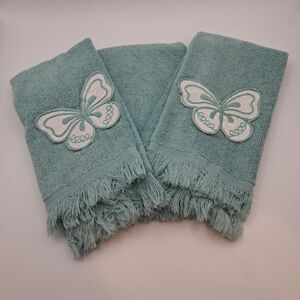 Martex Westpoint Pepperell USA Aqua Hand Towels (3) Butterfly Applique Fringes